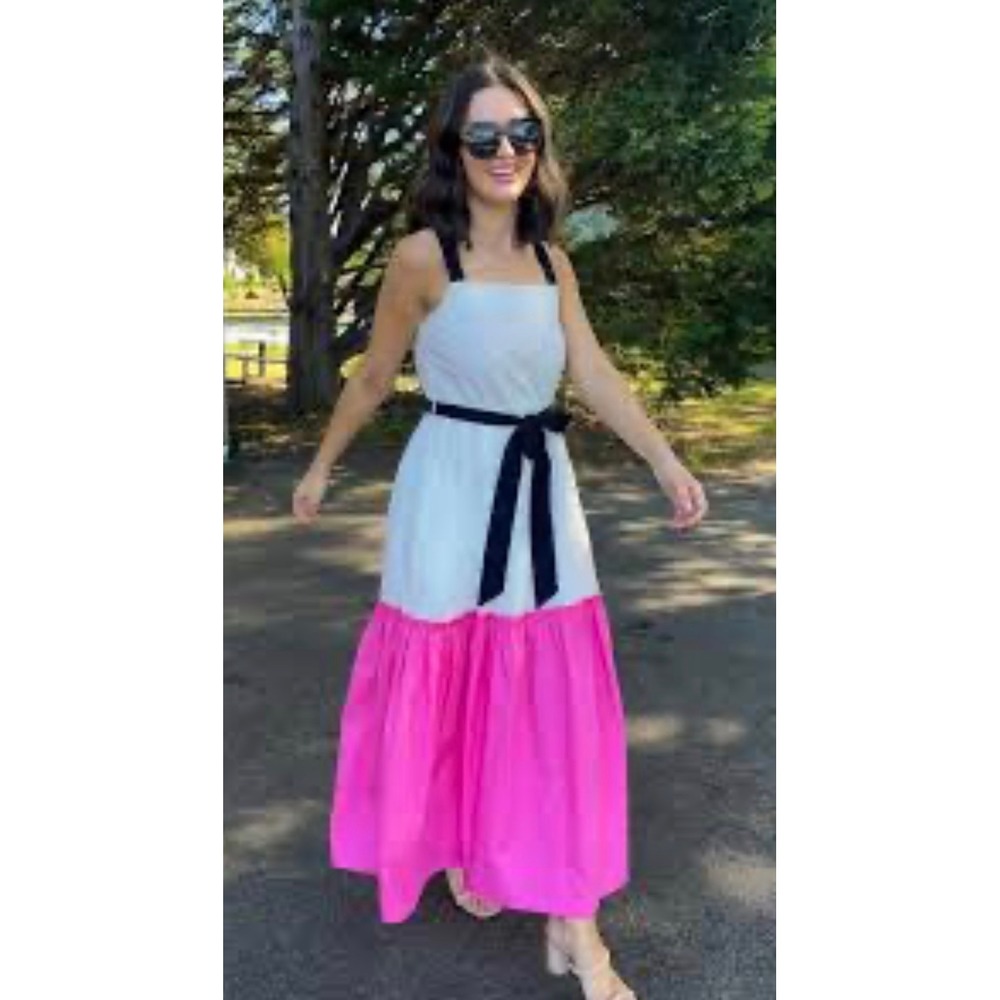 Maude Vivante‎ Colorblock Maxi Dress White Pink Black Straps Small Summer Tiered